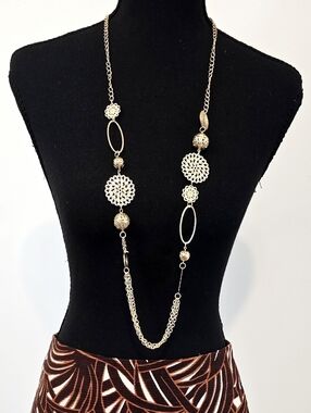 Gold Tone Long Statement Necklace Filigree Disc Chain Dangle Layered Boho